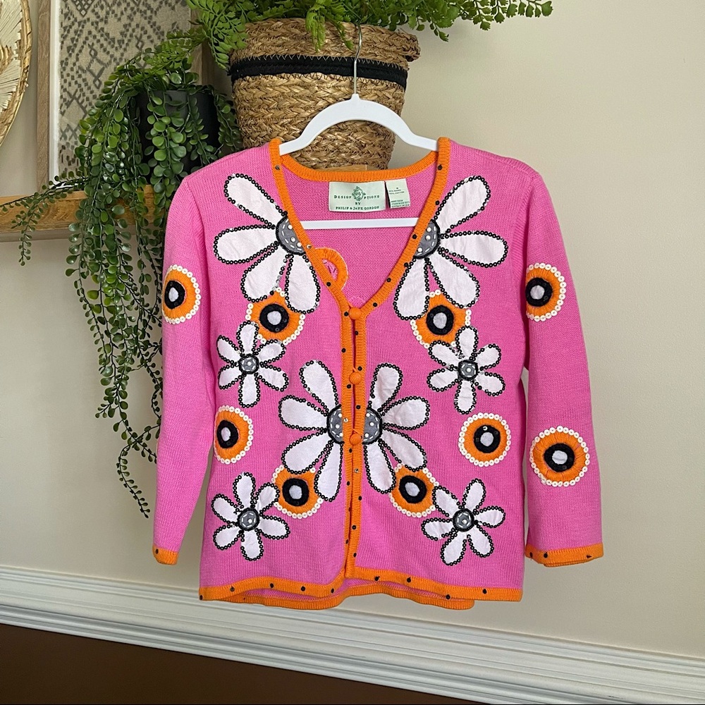 Vintage Design Options By Philip & Jane Gordon Pink Flower Power Cardigan